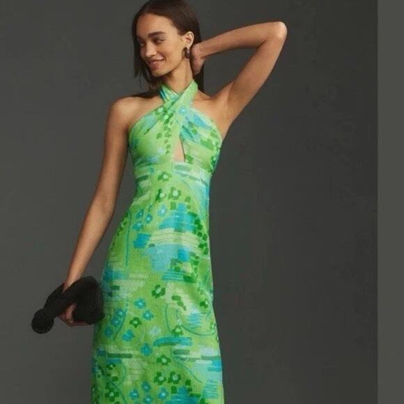 RHODE Paolo Linen Midi Dress Size 8 Retail $495 Tiki Hawaiian Inspired Wrap Neck - Picture 3 of 16